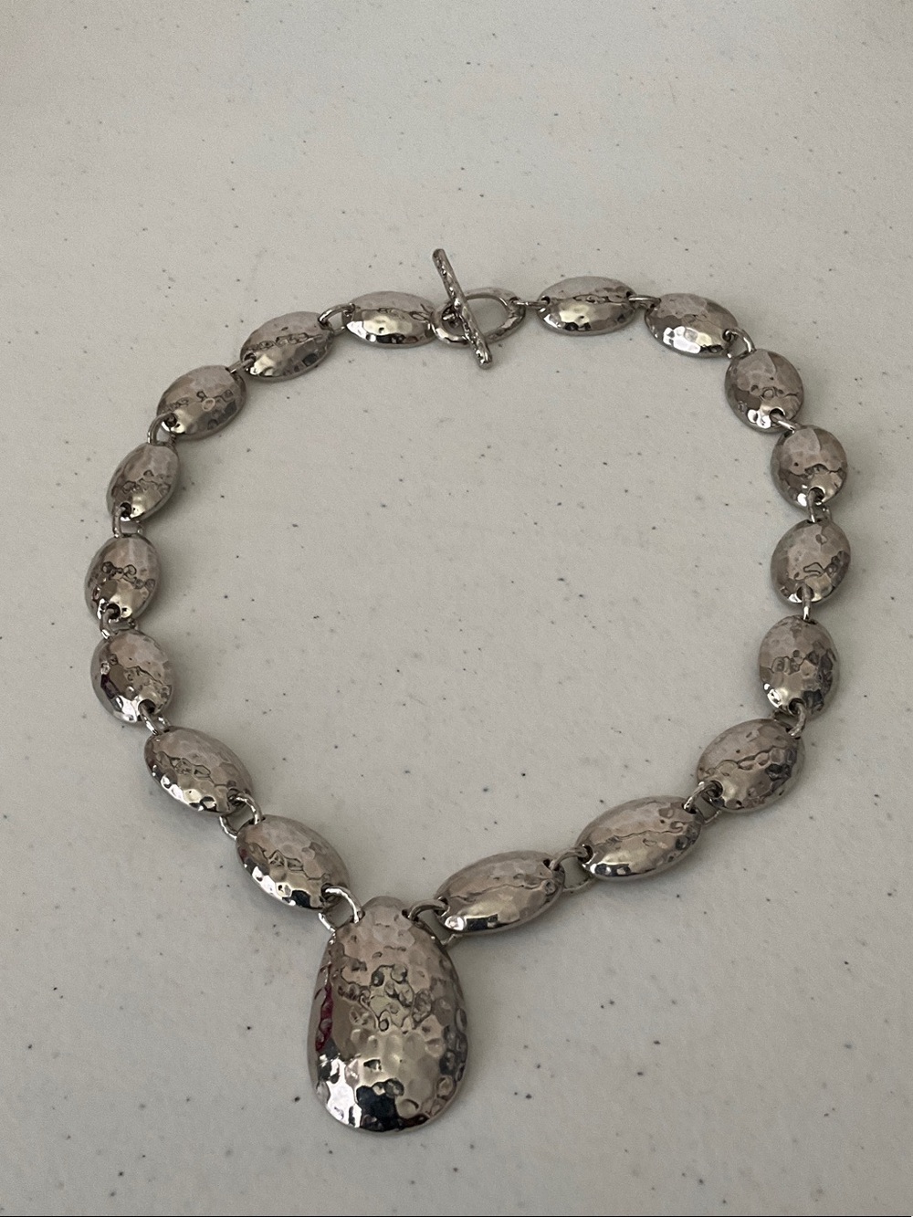 Silver Hammered Oval Necklace